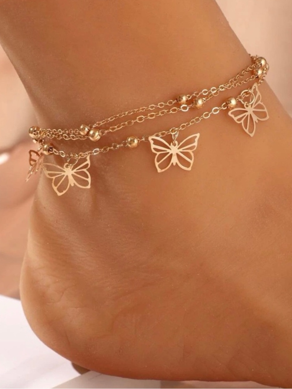 2pcs Butterfly Charm Anklet in Yellow Gold
